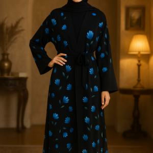 Home georgette printed black abaya with hijab