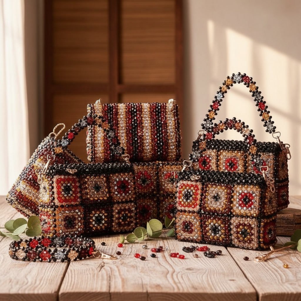 gemini 2.5 flash image create a image of lots of bead purses place on a table make it look asthetic use 0