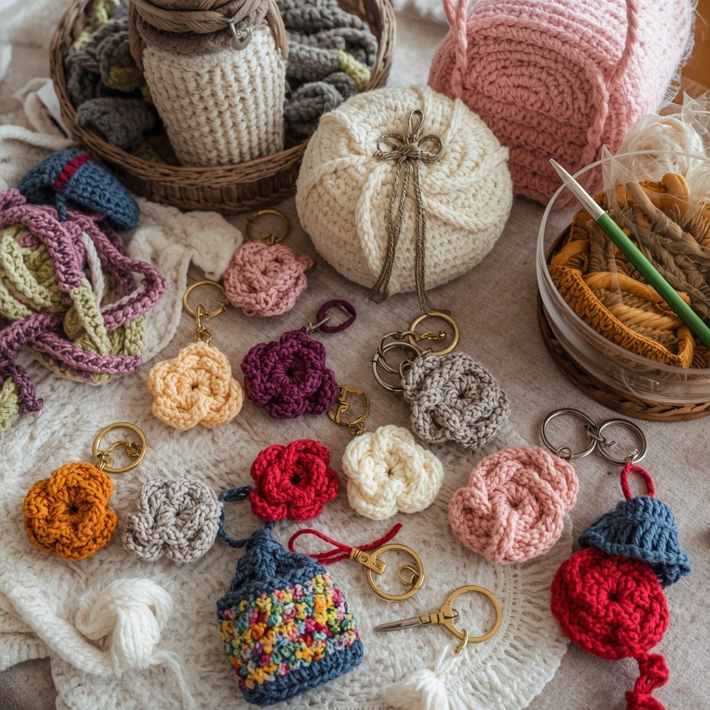 lucid origin create an image of various high quality crochet products such as keychains bags 0